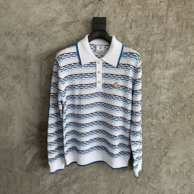 casablanca textured stripe knit camp collar short sleeve shirt